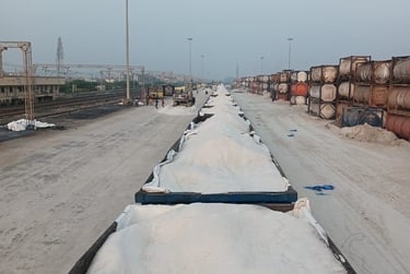 Freight train wagons filled with bulk white salt at an industrial rail yard terminal.