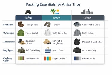 african travel packing comparison table for safari beach and urban trips