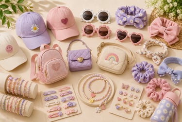 Collection of colorful girls accessories including baseball hats, sunglasses, mini purses, and floral hair clips.