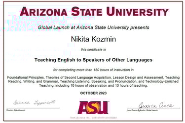 TESOL Certificate from Arizona State University