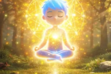 “Cartoon child meditating in forest, glowing with golden light and sacred geometry halo, symbolizing Homo Luminous awakening”