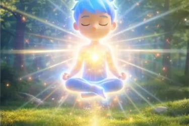 “Glowing cartoon child meditating in a forest with golden heart light and radiating sunburst rays all around.”