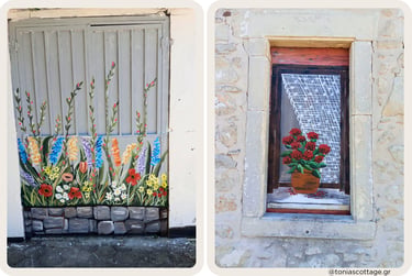 Wildflower mural door and painted window geraniums, Crete village