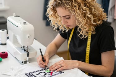 A blonde woman with curly hair hand-painting a custom graphic design on a white t-shirt at a sewing desk.