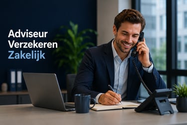 Professional business insurance advisor talking on the phone and taking notes in a modern office.