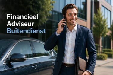 A smiling professional financial advisor talking on his phone while standing by his car outside an office.