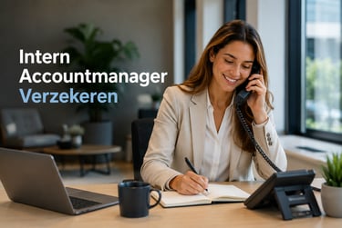 A female intern account manager in insurance talking on a desk phone and taking notes in a modern office.