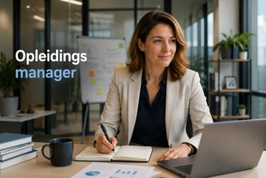 A professional female opleidingsmanager working at a desk with a laptop and notebook in an office setting.