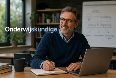 A smiling educational consultant working on a laptop in an office with the Dutch word Onderwijskundige.