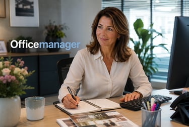 Professional female office manager sitting at a desk and writing in a notebook.