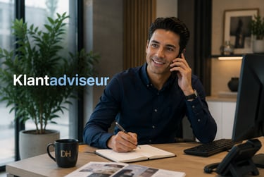 A male klantadviseur talking on the phone and taking notes in a modern office environment.