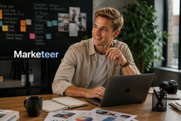 Smiling digital marketing professional working on a laptop at a modern creative office desk.