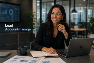 A smiling Lead Account Management professional working at a desk with a laptop and business analytics.
