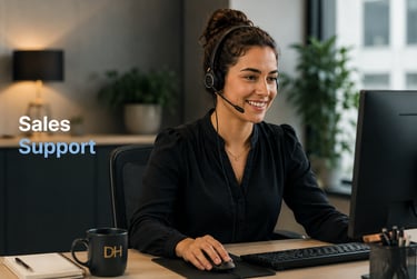 A smiling sales support representative with a headset working on a computer in a modern office.