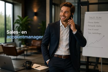 A smiling sales and account manager in a suit talks on a smartphone in a modern office.