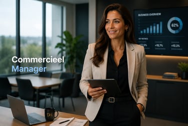 A professional female Commercieel Manager in a modern office holding a digital tablet.