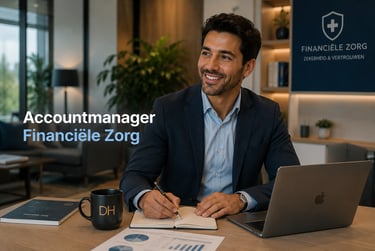 Smiling account manager at Financiële Zorg working at a desk with a laptop and notebook.