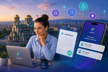 A woman signs a digital energy contract on her laptop with a mobile app and city skyline in the background.