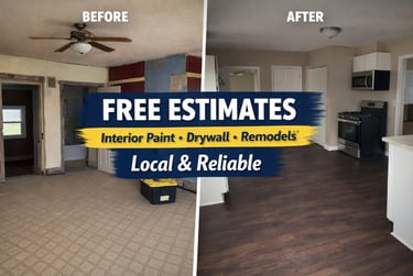 Before and after home remodel featuring new interior paint, drywall repair, and dark wood flooring.