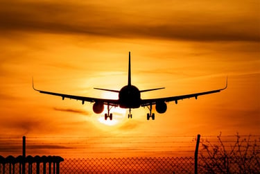 Jet airliner landing at sunset