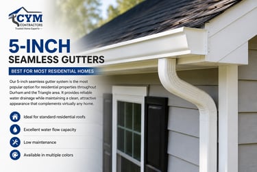 5-inch seamless gutters professionally installed on a home in Durham, NC by CYM Contractors