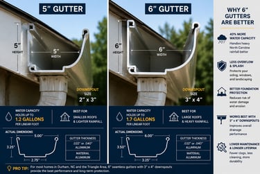 Comparison of 5-inch vs 6-inch seamless gutters in Durham NC showing increased water capacity and improved drainage