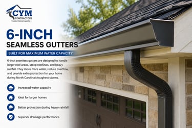 6-inch seamless gutters installed on a home in Durham, NC for maximum water capacity by CYM Contractors
