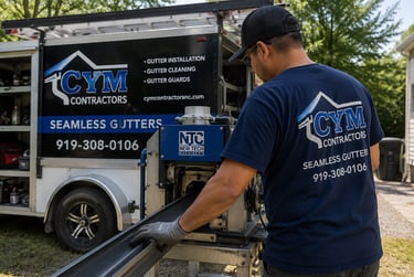 CYM Contractors fabricating custom seamless gutters on-site for a perfect fit at a home in Durham, NC