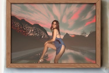 Framed photo of a woman posing in a blue dress against a sunset pool background.