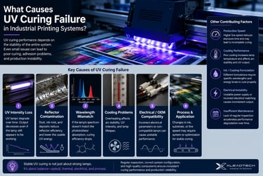 Infographic explaining common causes of UV curing failure in industrial printing systems and UV lamp performance issues