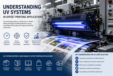 Industrial UV system integrated into offset printing equipment for packaging and commercial printing applications