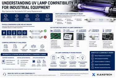 UV lamp compatibility review process for industrial equipment including exposure, printing and UV curing applications