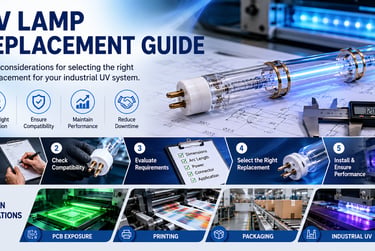 Industrial UV lamp replacement guide showing compatibility evaluation, specification review, and rep