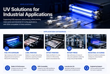 Industrial UV lamp applications for PCB exposure, printing and UV curing systems