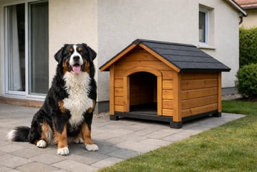 chien heureux devant sa niche propre dans le jardin de son propriétaire en IDF