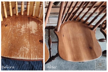 Before and after side-by-side comparison of a wood chair restoration showing refinished seat surface.
