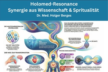 Holomed-Resonance infographic explaining holistic healing, energy medicine, and consciousness work by Dr. Holger Berges.