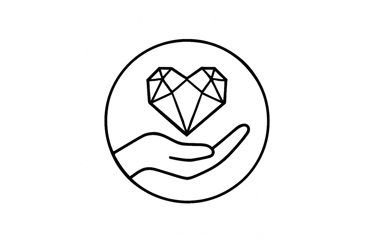 Hand holding a geometric diamond heart icon in a circle, representing luxury care and value.