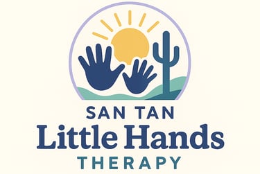 San Tan Little Hands logo with 2 hands a sun a cactus and mountains
