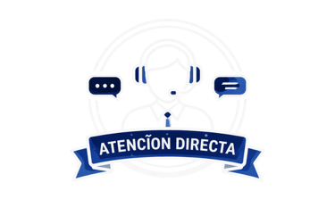 Customer support icon featuring a representative with a headset and Atención Directa banner.
