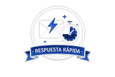 Blue fast response badge with a lightning bolt, envelope, and stopwatch icon for quick customer support.