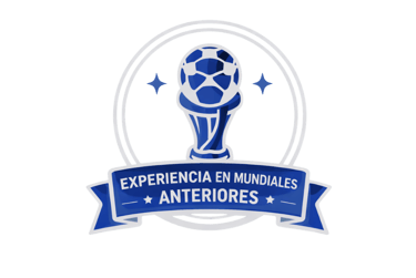 Blue and white soccer trophy emblem with Spanish text Experiencia en Mundiales Anteriores.