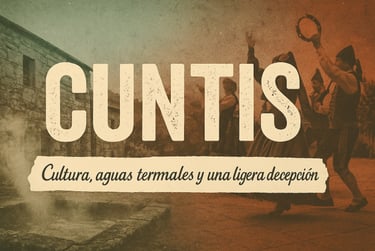 Vintage-style poster for Cuntis, Spain, featuring dancers, a stone building, and thermal waters with steam rising.