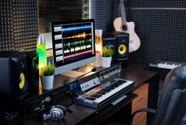un bureau avec un clavier pour studio de musique