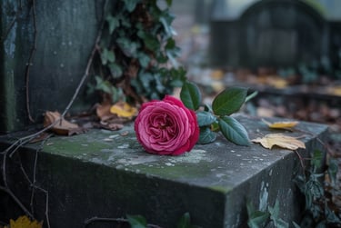 una rosa appoggiata  su una tomba in un cimitero