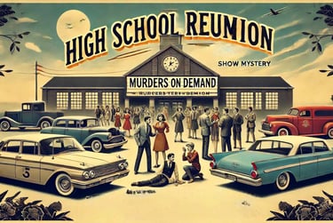 Vintage high school reunion murder mystery poster with 1950s cars and people gathered at a school.