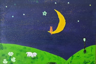 Réf : ENF240421; Chat & lune. Carton entoilé, 30x24cm. 30€