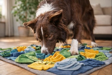Border collie jugando con tapete olfativo