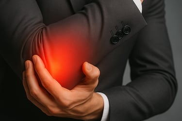 Patient holding outer elbow due to lateral epicondylitis pain.