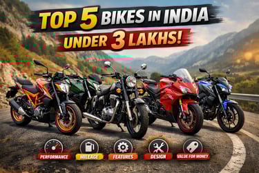 Top 5 bikes in India under 3 lakhs featuring high-performance sport and cruiser motorcycles on a mountain road.